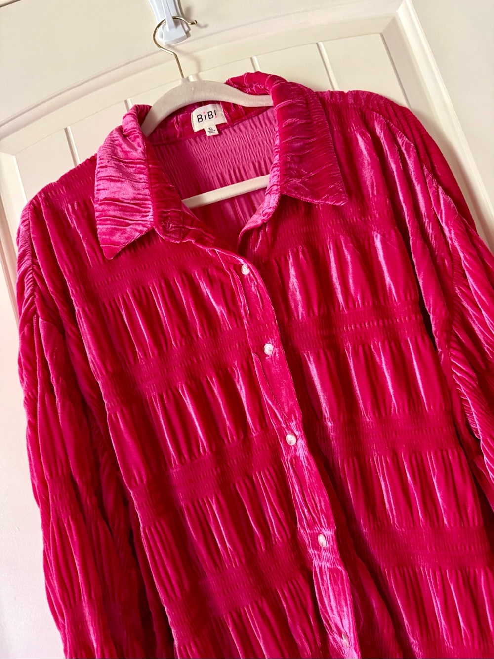 BiBi Fuchsia Crushed Velvet Button-Up Top